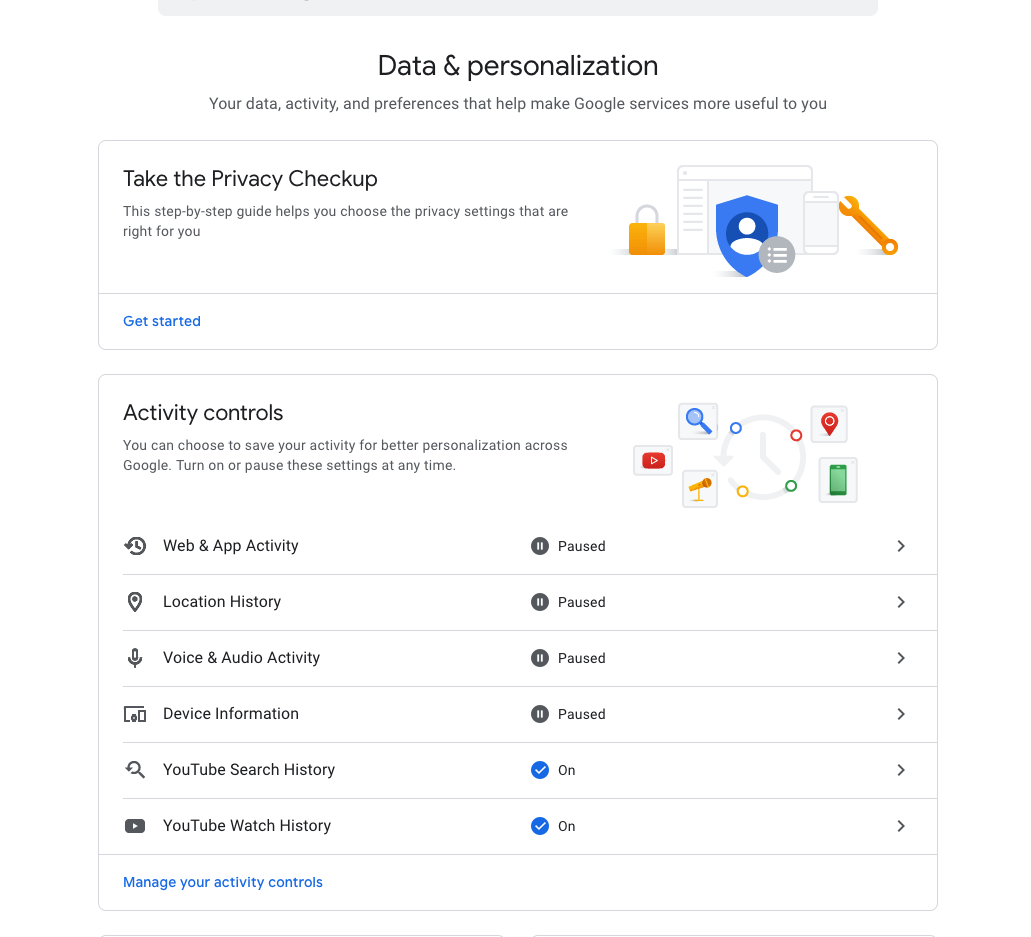 Google's Data and Personalization settings